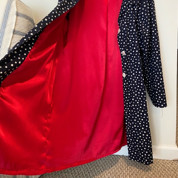 Navy Blue Polka Dot Button-Up Coat - Size 4 - Trench - Red Satin Lining - Picture 5 of 8